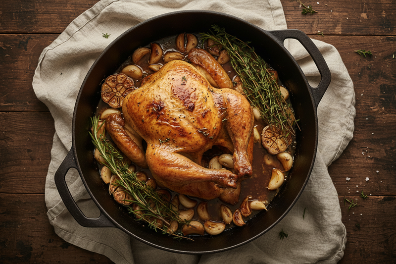 Slow-roasted 40-clove garlic chicken in a Dutch oven with fresh thyme, rosemary, and golden roasted garlic cloves