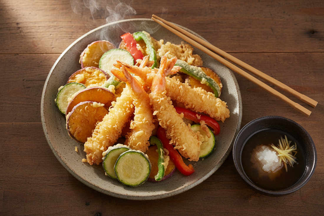 Overhead shot of freshly fried golden tempura including shrimp and vegetables on a traditional Japanese plate with tentsuyu dipping sauce, grated daikon, and chopsticks on a wooden table