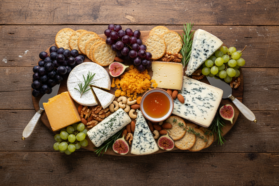 Beautifully styled artisan cheese board on rustic wooden table with variety of cheeses, crackers, fresh grapes, figs, honey, nuts, and elegant cheese knives in warm lighting