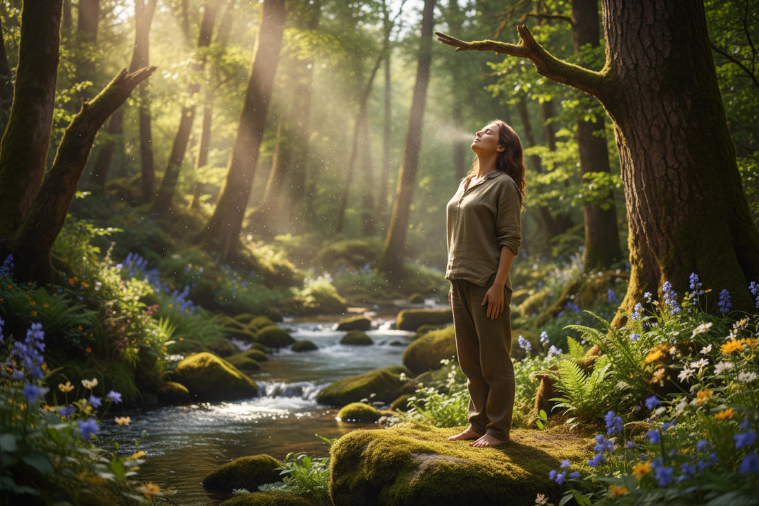 A person standing outdoors with eyes closed, taking a deep breath of fresh air, surrounded by lush greenery and soft natural light.