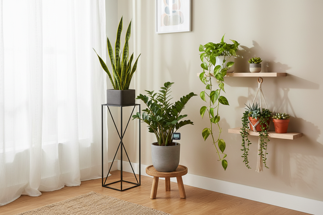 Bright corner of a modern living room with a collection of easy-care houseplants including snake plant, pothos, ZZ plant, and succulents on plant stands with natural sunlight streaming through a window