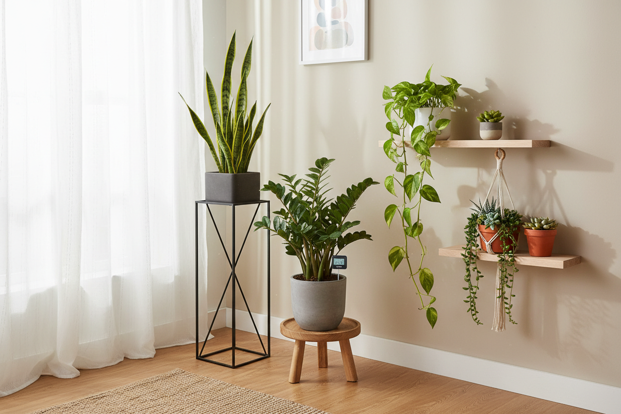 Bright corner of a modern living room with a collection of easy-care houseplants including snake plant, pothos, ZZ plant, and succulents on plant stands with natural sunlight streaming through a window