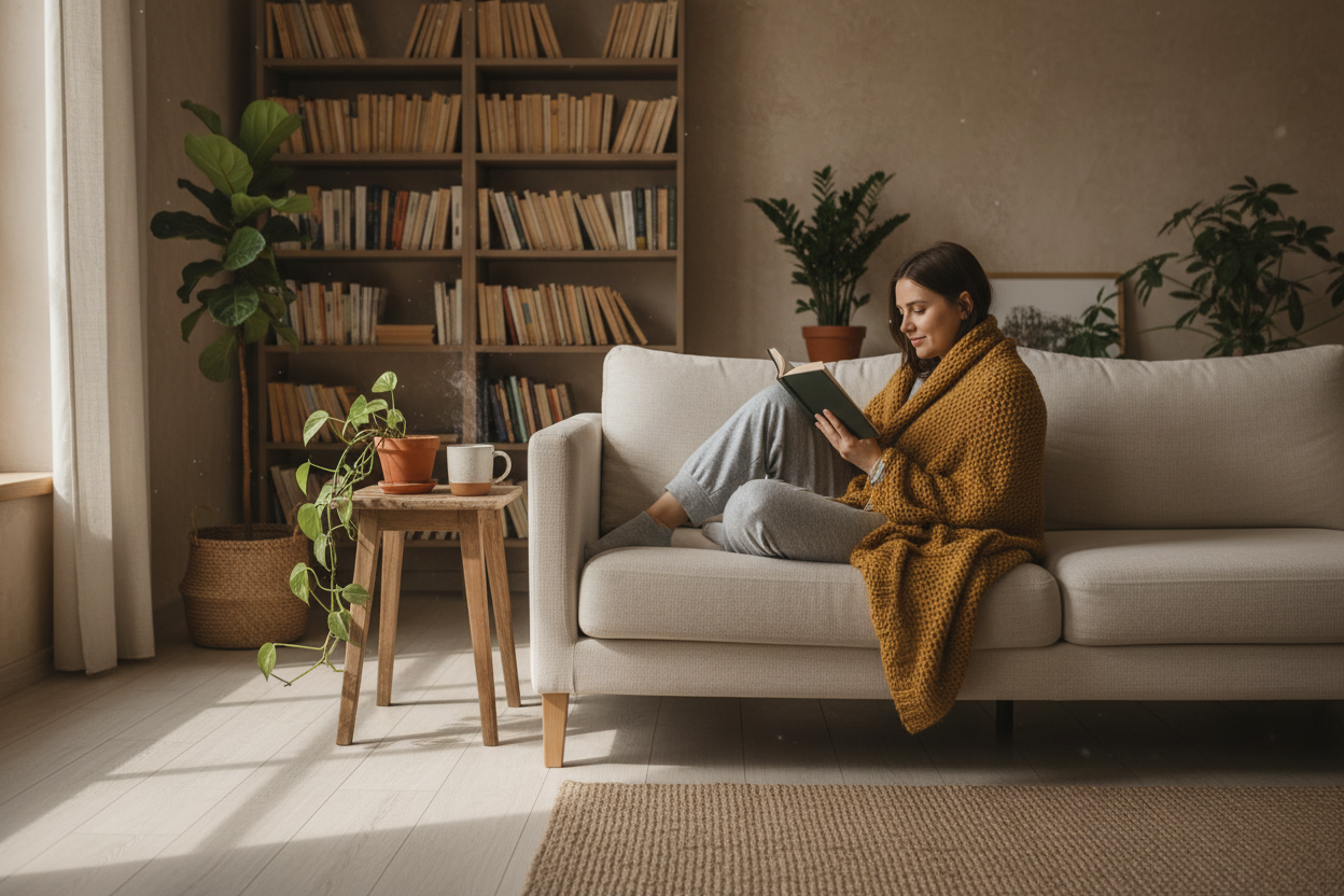 Cozy peaceful scene of a person relaxing alone at home in comfortable pajamas curled up on a sofa with a soft blanket reading a book with a warm cup of tea nearby in soft natural light