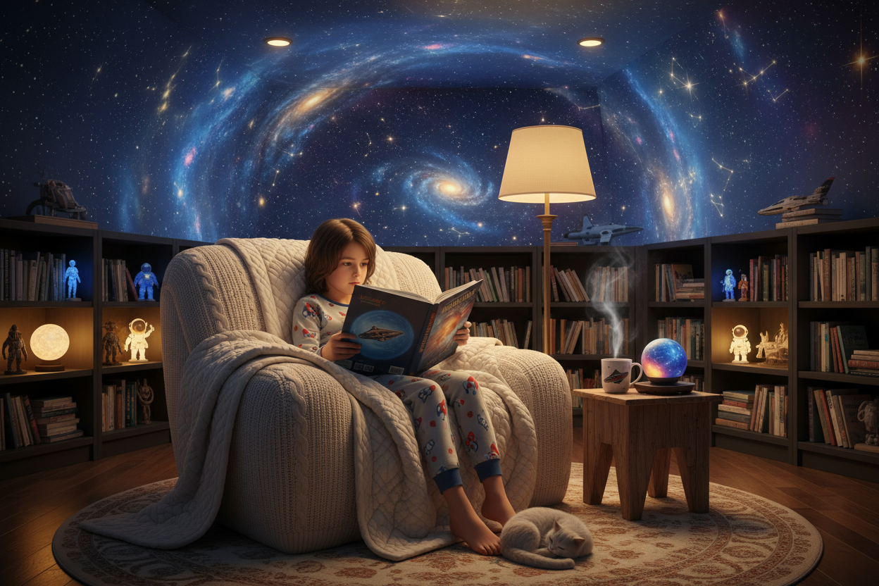 Cozy reading nook with a child relaxing in a comfortable chair reading a science fiction book surrounded by a starry galaxy projection on the walls and ceiling with warm ambient lighting