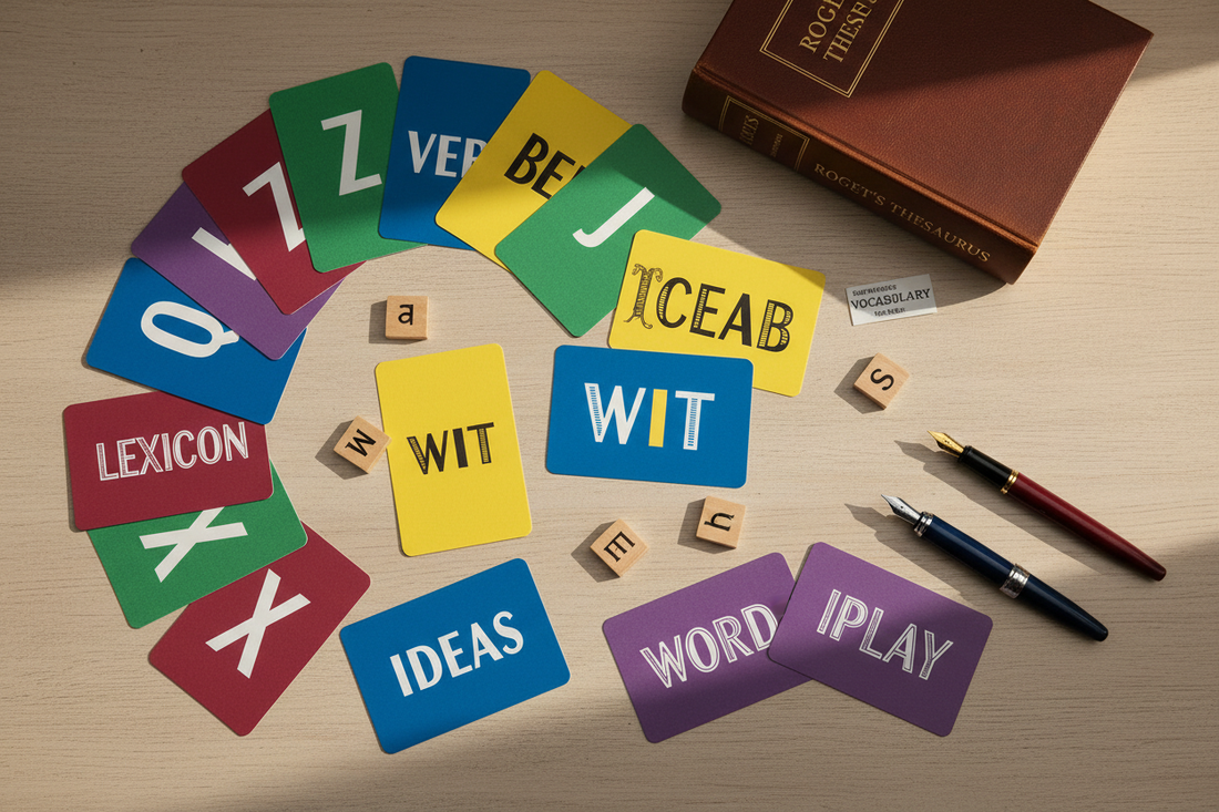 Flat lay image of colorful word game cards and a thesaurus book on a table for National Thesaurus Day celebration
