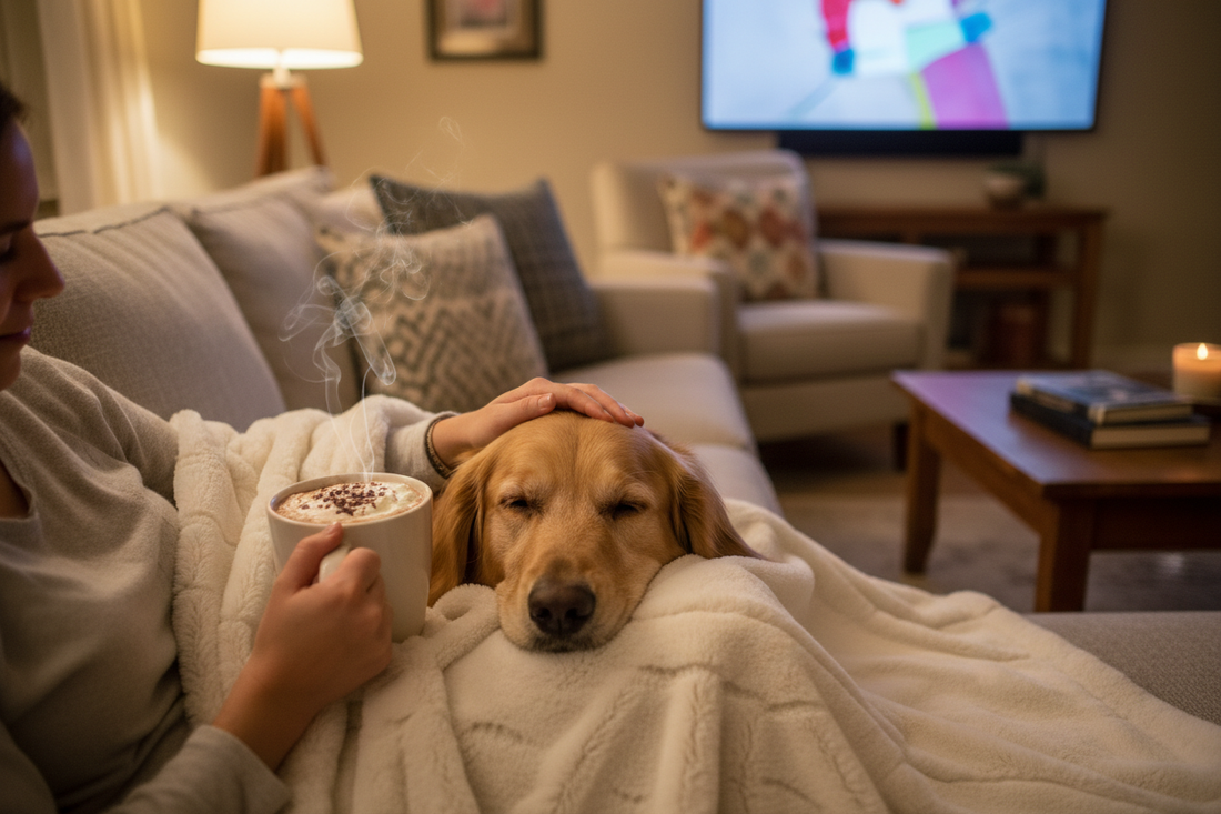 Heartwarming scene of a person cuddled up on a sofa with their dog wrapped together in a faux fur heated throw blanket holding hot chocolate in warm evening lighting