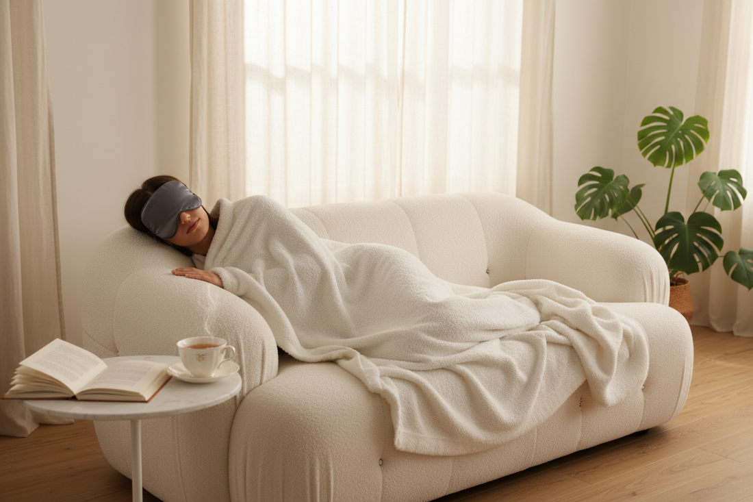 Peaceful scene of a person taking a restful nap on a comfortable bed wearing a silk sleep mask covered with a soft blanket in a serene room with soft natural lighting and calming neutral tones