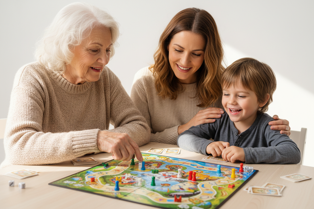 Three generations—grandmother, mother, and child—playing a board game together, celebrating quality family time
