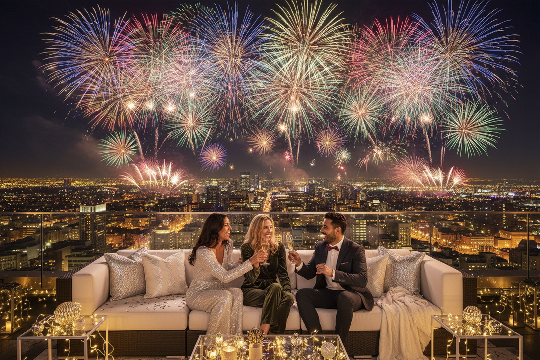 Four friends celebrating New Year's Eve on a high-rise building rooftop overlooking city fireworks display at night