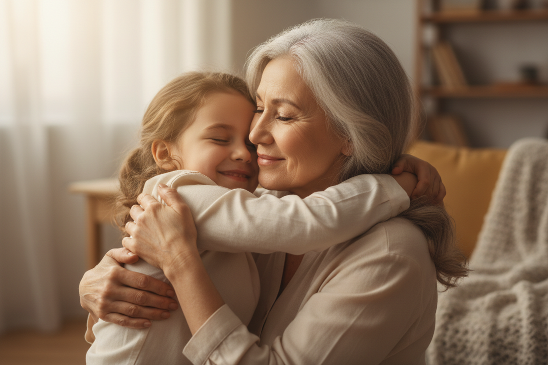 Heartwarming scene of a child and grandmother hugging shown from waist up, sharing a tender moment of connection and affection