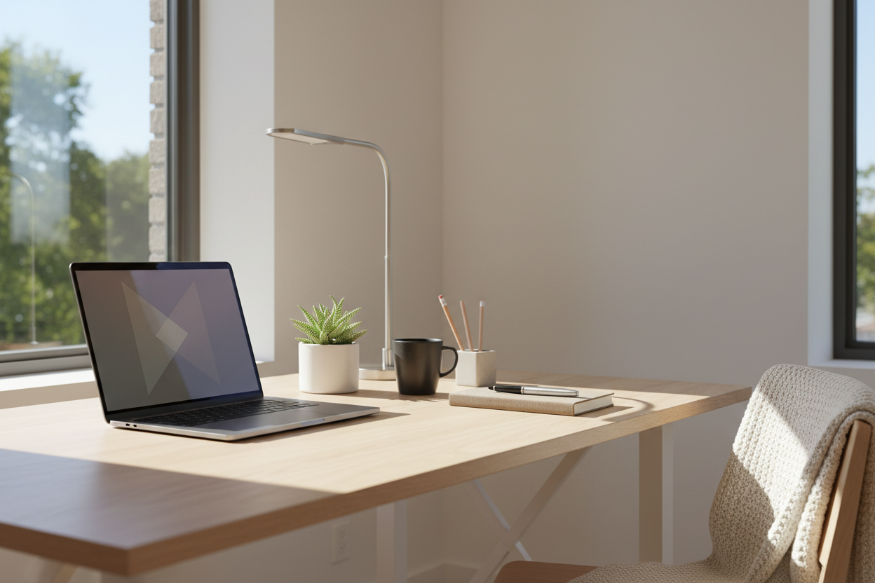 Clean organized office desk with laptop, notebook, and minimal accessories for National Clean Off Your Desk Day