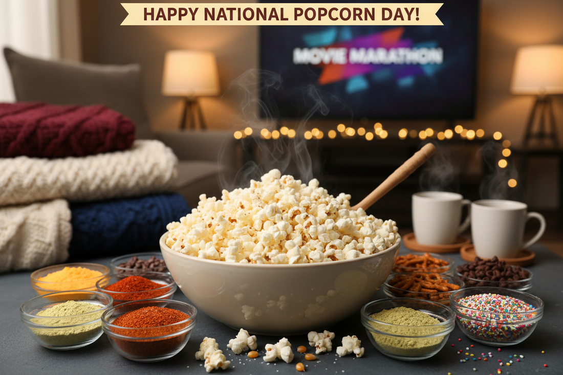 Cozy movie night scene with a large bowl of freshly popped popcorn surrounded by small bowls of colorful seasonings and toppings with warm lighting