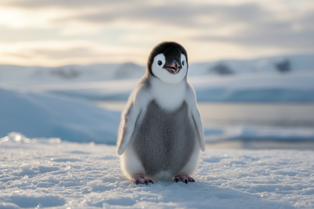 Adorable penguin standing on ice with black and white plumage