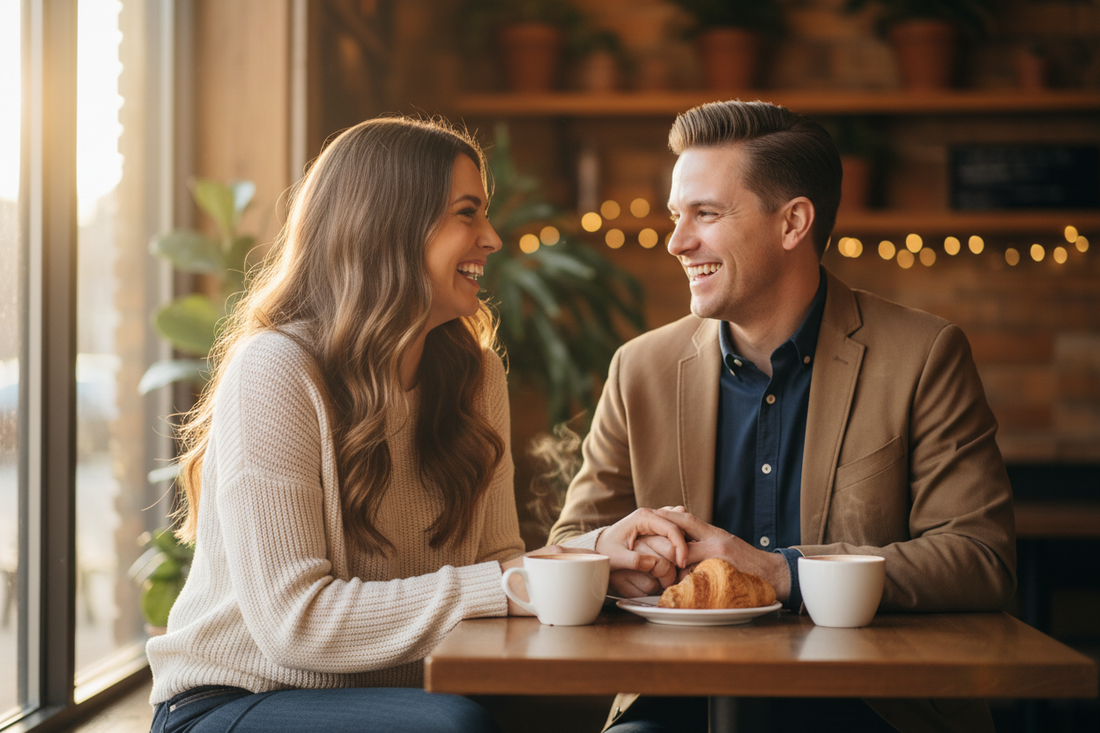  Couple enjoying a relaxed date night together, reconnecting after a busy day