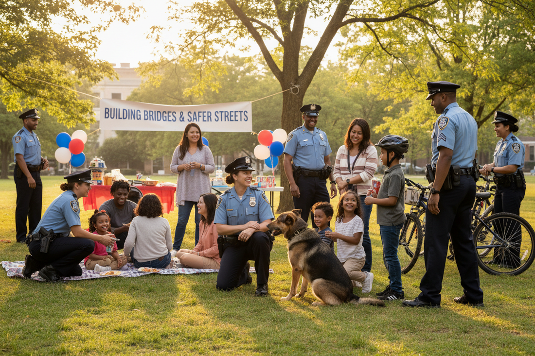 American police officers in blue uniforms standing with community members showing support and appreciation for law enforcement