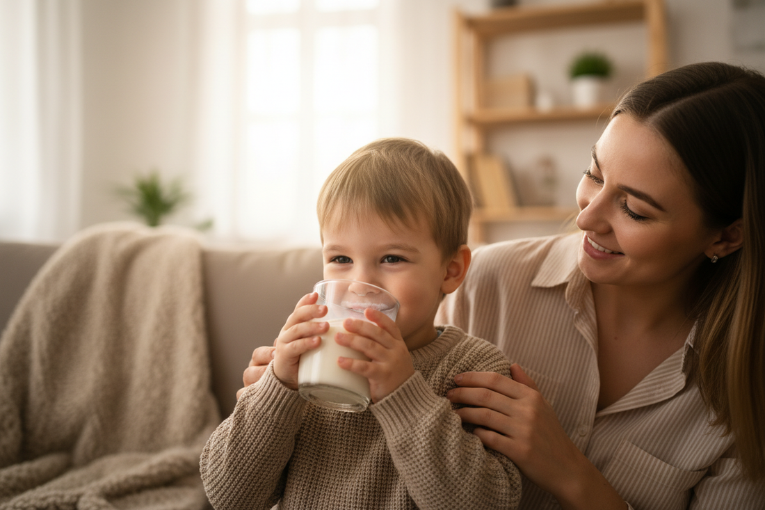 Happy child drinking milk from a glass with his mother beside him smiling, shown from chest up in a warm kitchen setting
