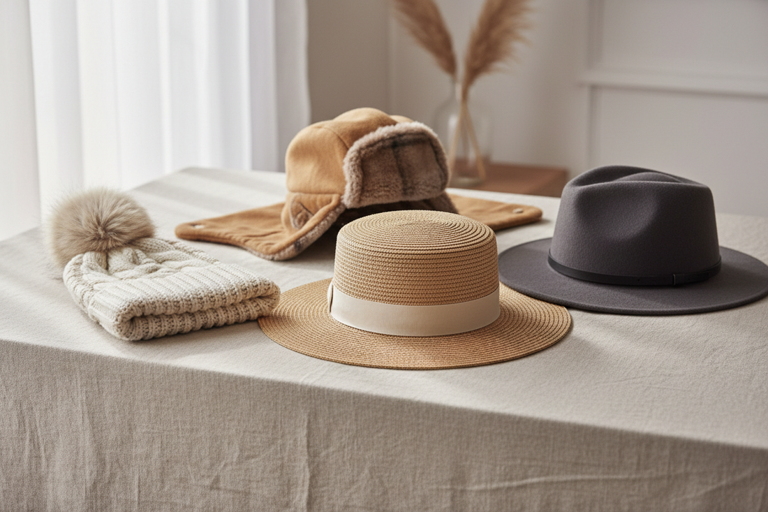 Collection of colorful winter hats including fuzzy bucket hats and beanies displayed together for National Hat Day