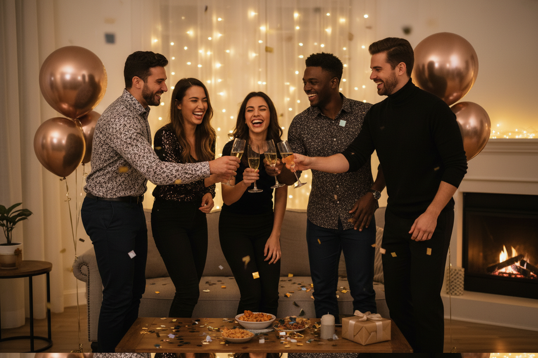 Small group of friends celebrating New Year's together with festive decorations and party atmosphere