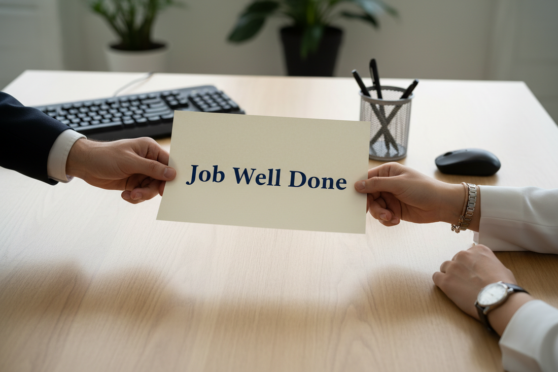 Hands on desk exchanging a paper that says 'job well done' in an office setting, representing a meaningful workplace compliment