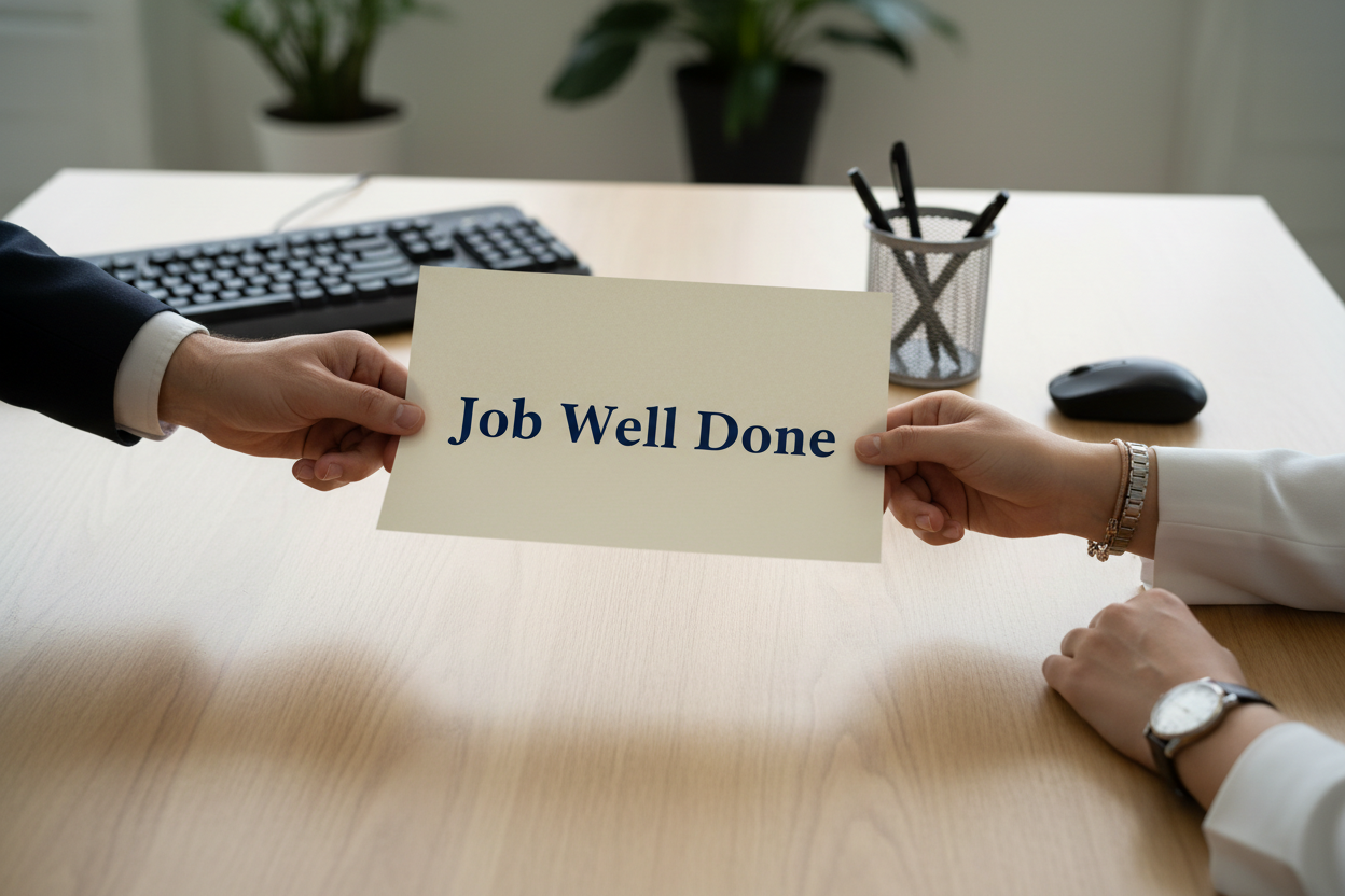 Hands on desk exchanging a paper that says 'job well done' in an office setting, representing a meaningful workplace compliment