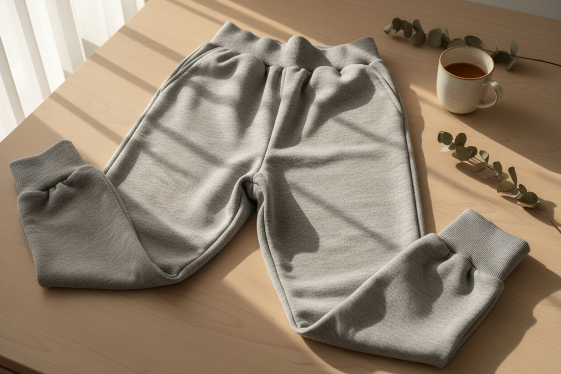 Cozy gray sweatpants laid flat, representing comfort and relaxed style for National Sweatpants Day