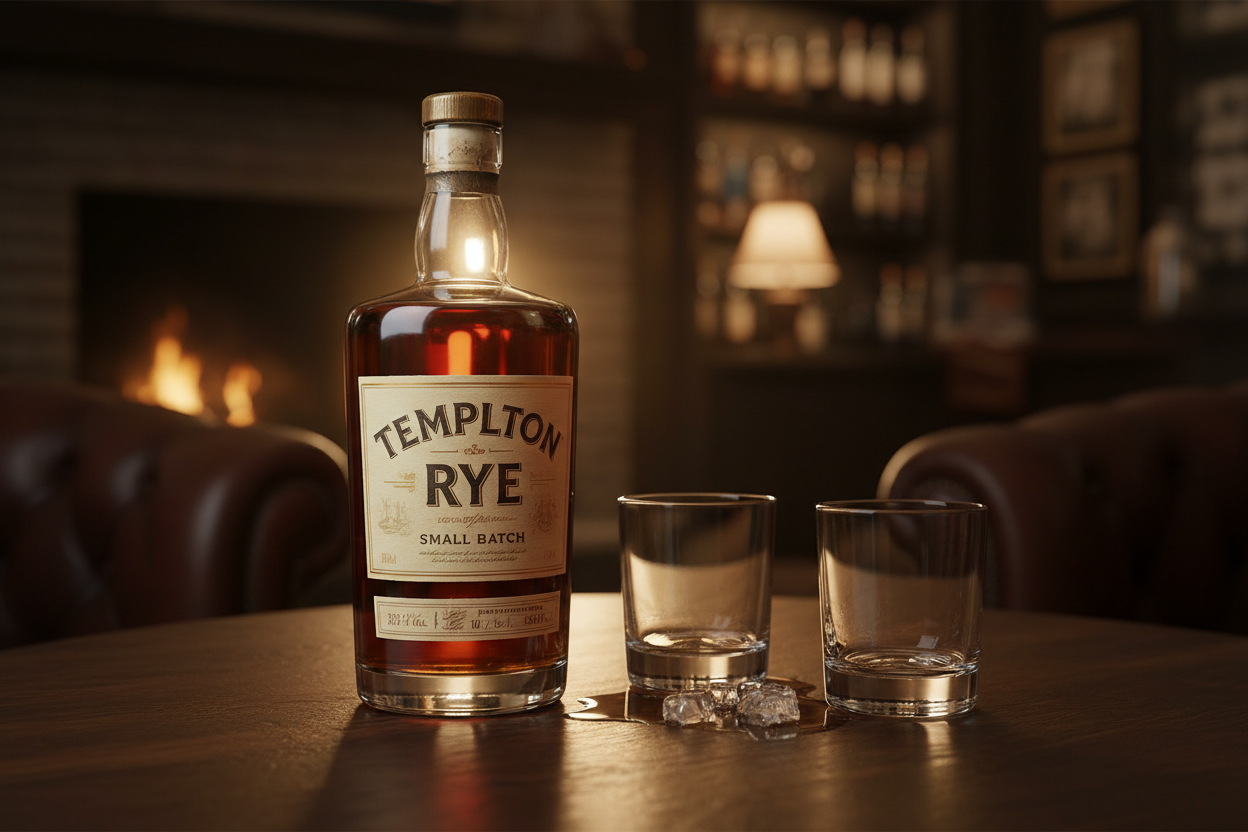 Bottle of Templeton Rye whiskey with vintage cocktail glasses on a wooden table for a speakeasy-themed celebration