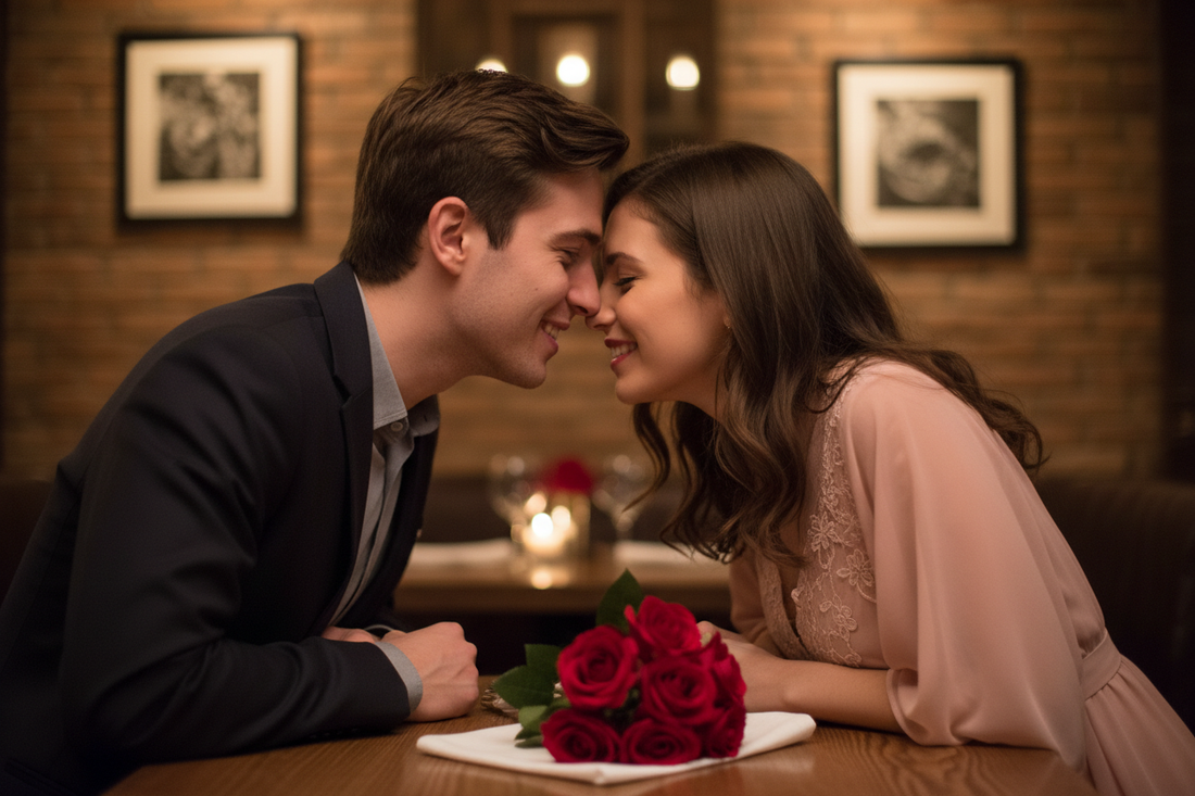 Couple on a romantic Valentine's Day date with red flowers and heart-shaped decorations on the table