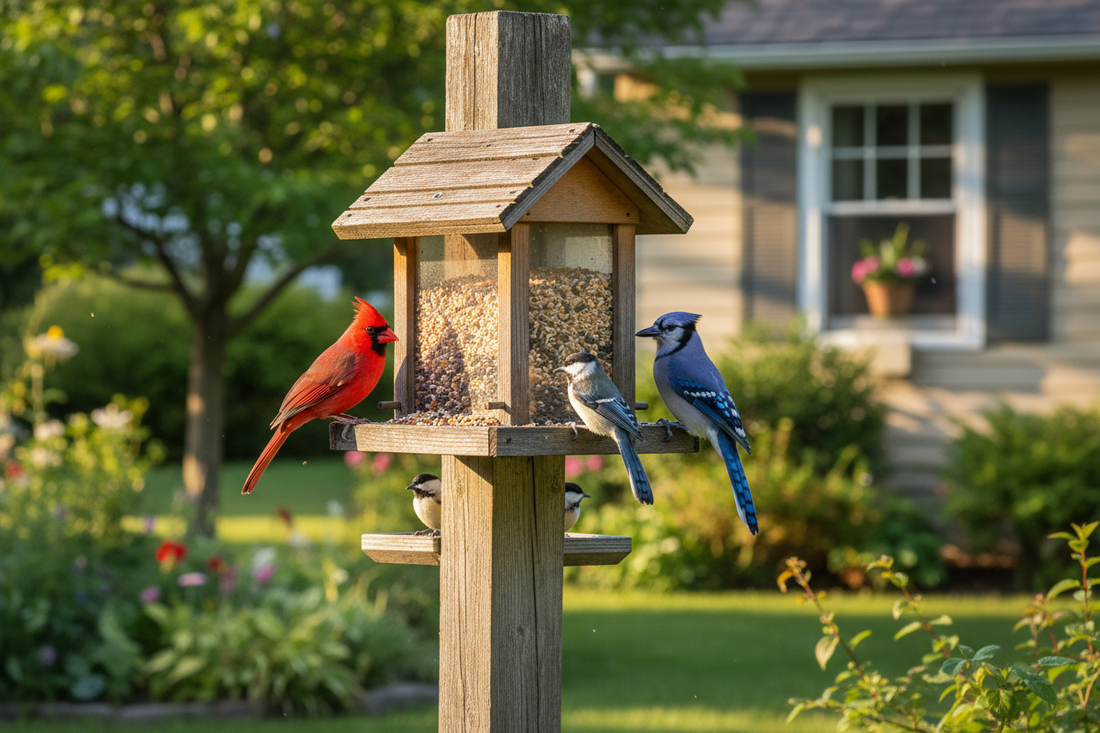 Vibrant backyard scene with a bird feeder mounted on a post and colorful birds including a cardinal, blue jay, and chickadee perched nearby