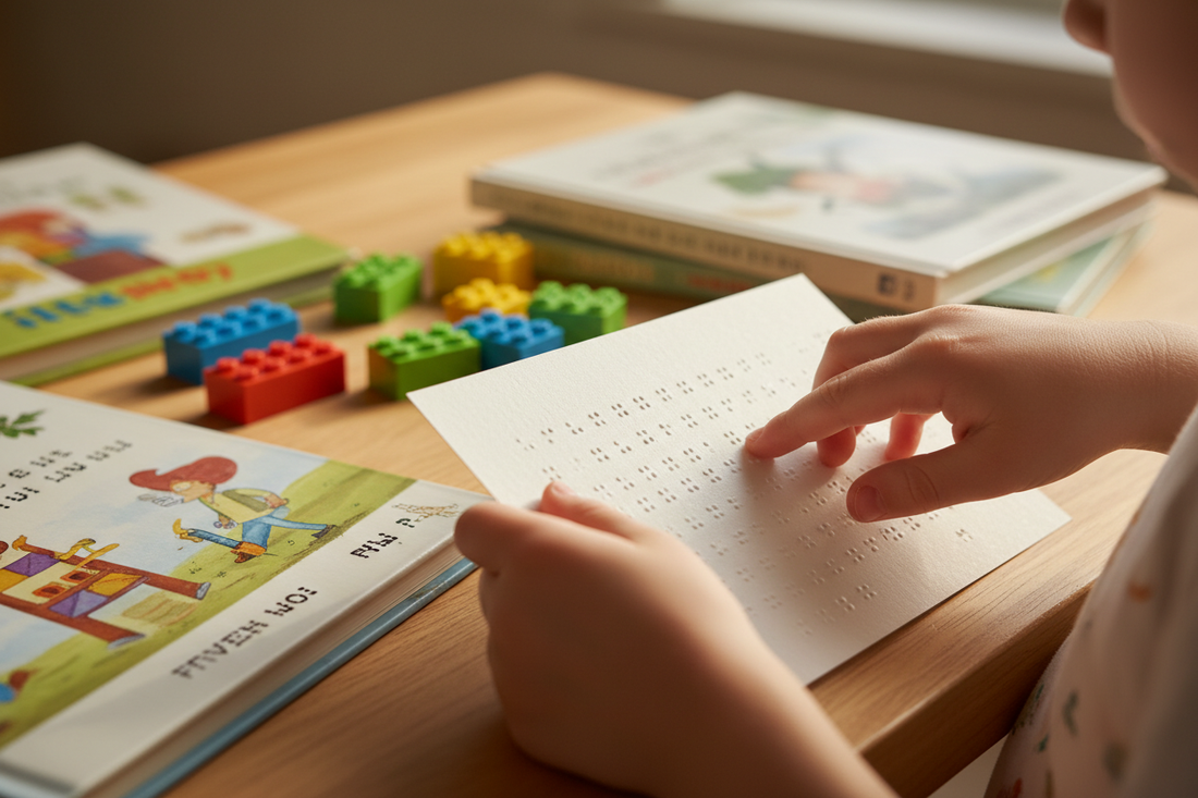 Close-up of a child's hands gently touching and reading raised Braille dots on a page with LEGO Braille Bricks and children's books in the background in soft natural lighting