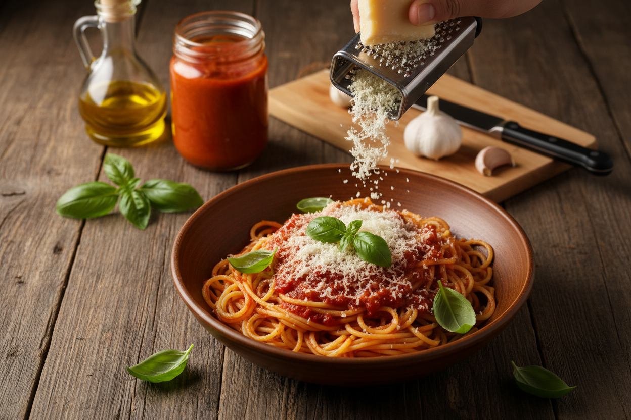 Rustic wooden table with a large bowl of spaghetti and marinara sauce being topped with freshly grated Parmesan cheese from a rotary grater with fresh basil garnish and Italian ingredients in warm lighting