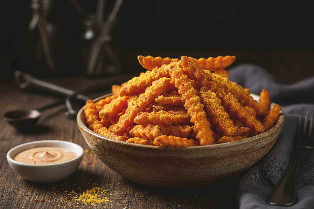 Crispy air-fryer sweet potato fries dusted with sharp cheddar cheese powder and smoked paprika, served in a rustic bowl with dipping sauce — a lighter take on classic cheddar fries.