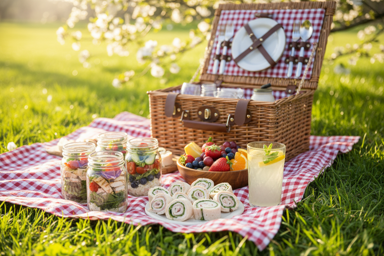  rustic picnic basket open on a red and white checkered blanket with mason jar salads, pinwheel sandwiches, fresh fruit, and lemonade on a sunny spring day.