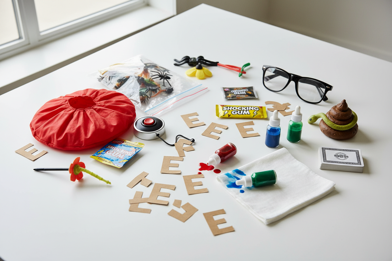 Flat lay of April Fool's Day prank supplies including whoopee cushion, fake insects, brown paper E cutouts, and food coloring bottles scattered on white surface