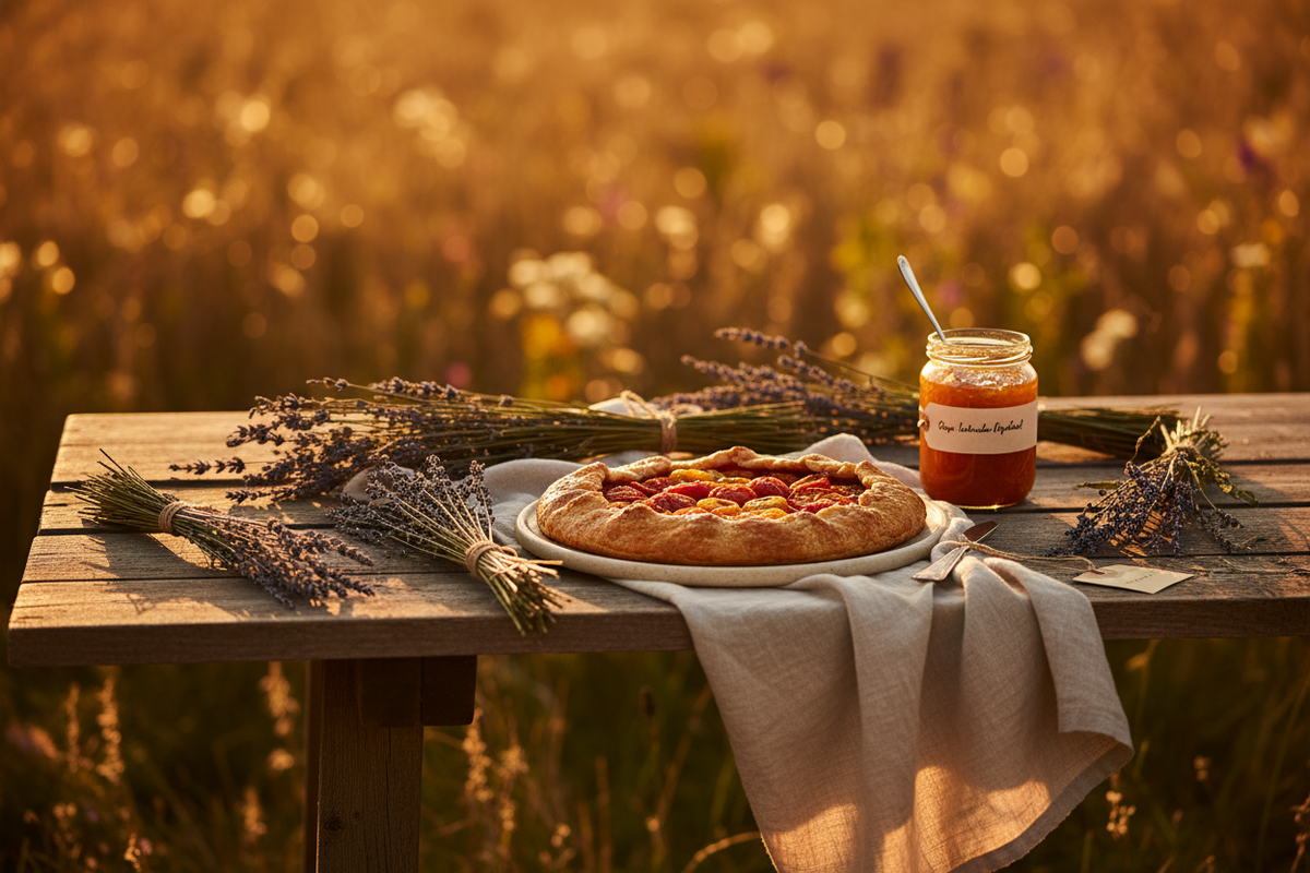A golden hour summer tablescape featuring a rustic heirloom tomato galette, peach jam, and dried herb bundles in warm ochre and terracotta tones."