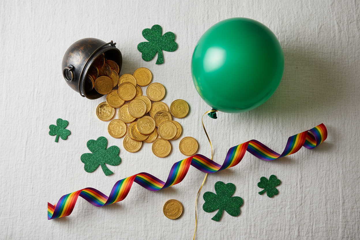 Whimsical flat lay of gold chocolate coins, shamrock decorations, a green balloon, and rainbow ribbon styled for St. Patrick's Day — Beyond the Green 2026 celebration guide by On Many Occasions.