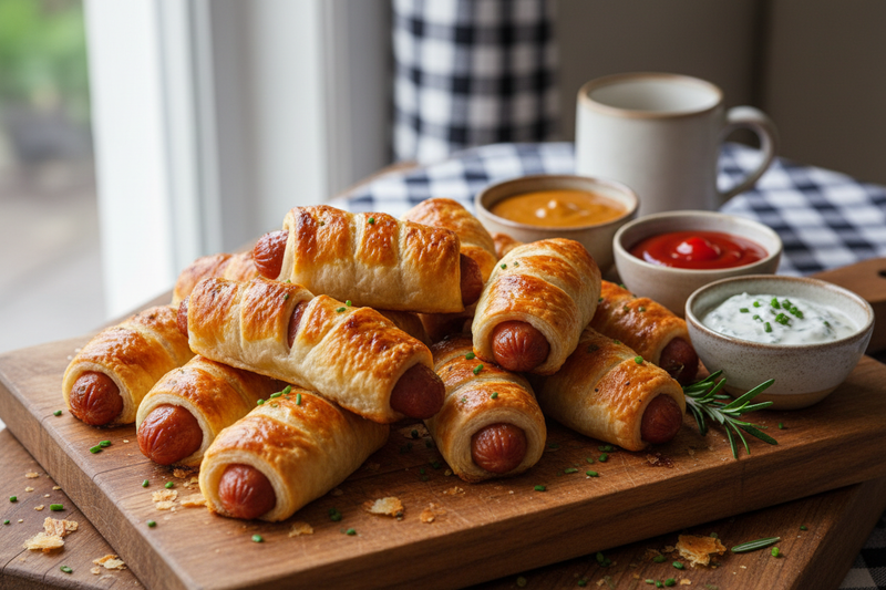 Golden-brown pigs in a blanket arranged on a rustic serving board with bowls of dipping sauces, perfect for celebrating National Pigs in a Blanket Day on April 24th.