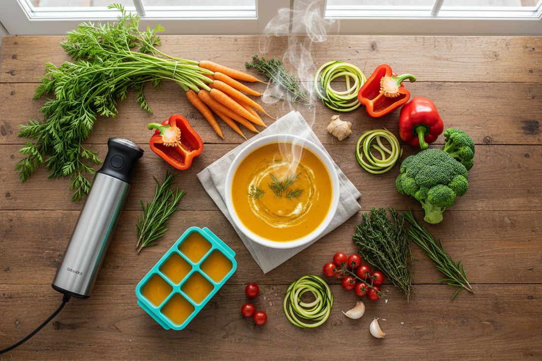 Bright overhead flat lay of homemade soup bowl surrounded by fresh vegetables, herbs, immersion blender, and freezer cubes on rustic wooden table