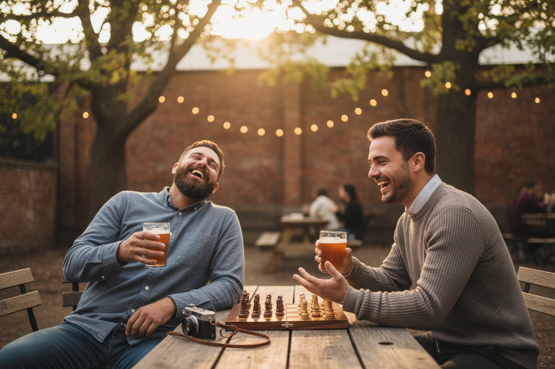 Two brothers laughing together outdoors, celebrating Brother's Day on May 24th