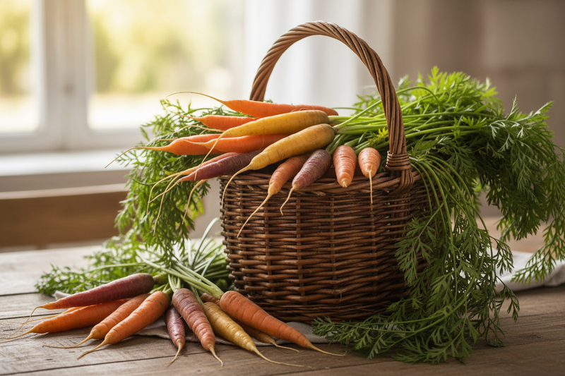 Fresh carrots with green tops nestled in a rustic wicker basket with warm, natural lighting. 