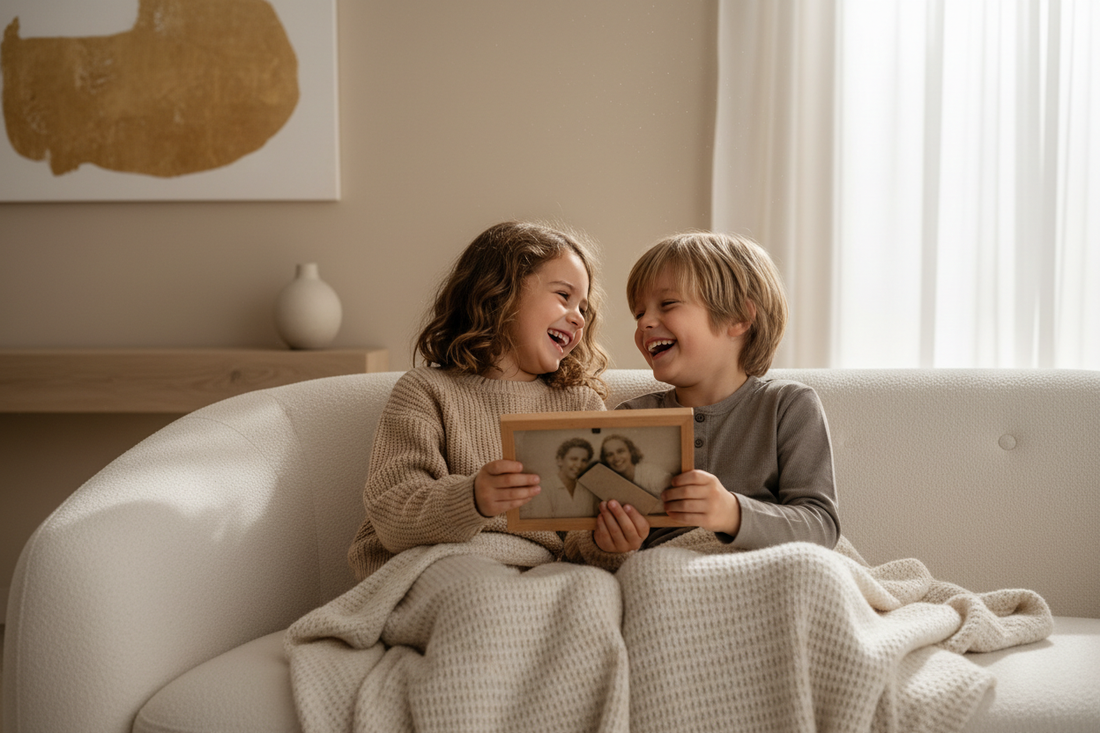 Children siblings laughing together while looking at old photograph on National Siblings Day