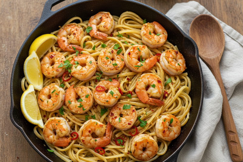 A skillet of 10-minute chili-garlic shrimp scampi served over linguine pasta, garnished with fresh parsley, red chili flakes, and lemon wedges.
