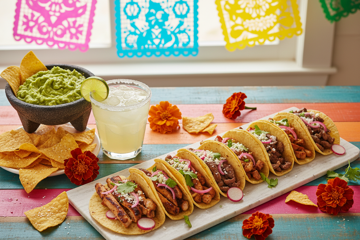 A festive Cinco de Mayo taco party spread with tacos, margarita, guacamole, and colorful decorations
