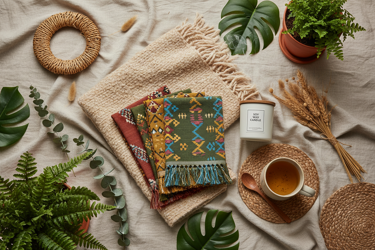 A sustainable home sanctuary styled with an alpaca wool throw, GOTS-certified linen, Ethiopian cotton napkins, a soy wax candle, and eco-friendly natural decor — celebrating Earth Day with On Many Occasions