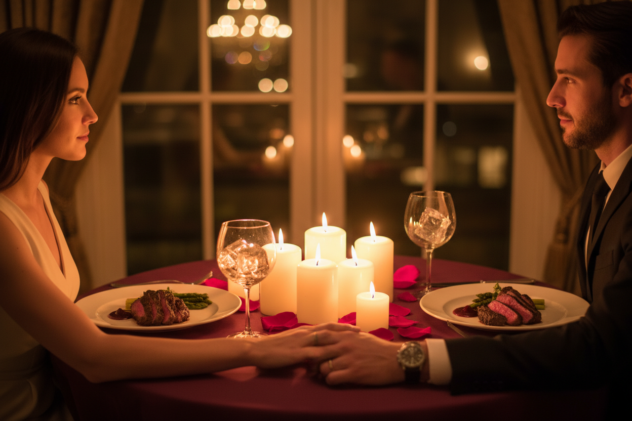 Couple sharing romantic candlelit Valentine's Day dinner at home with steak and cocktails