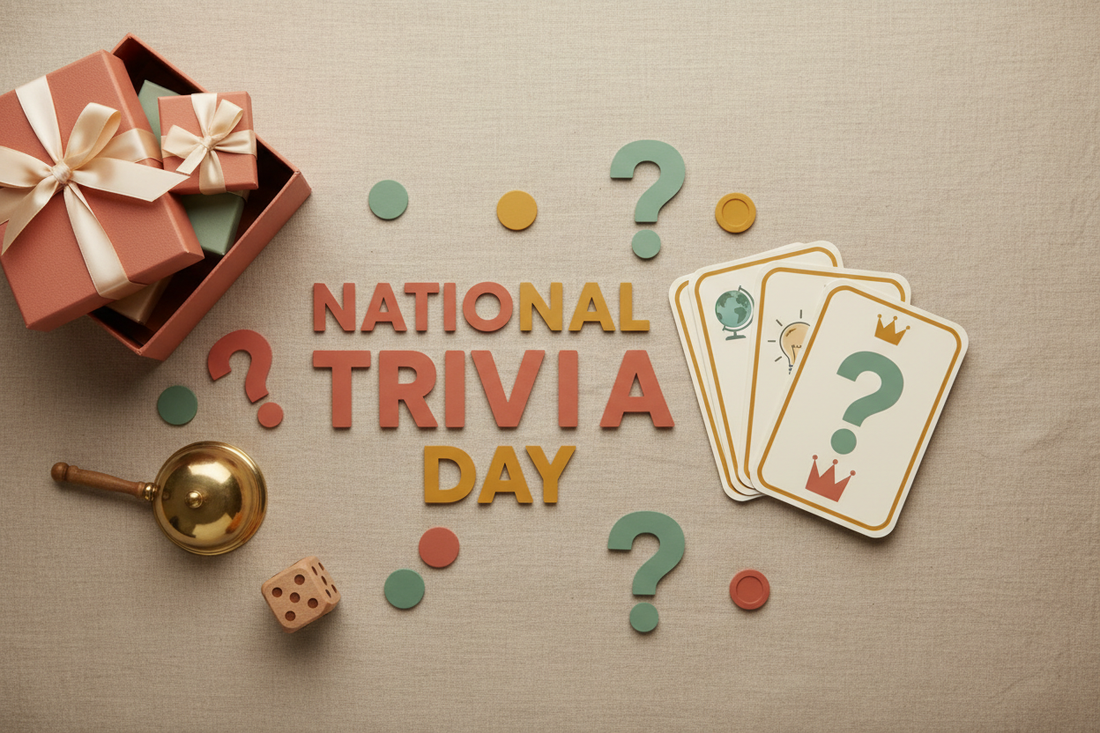 National Trivia Day celebration with colorful question marks and quiz game elements