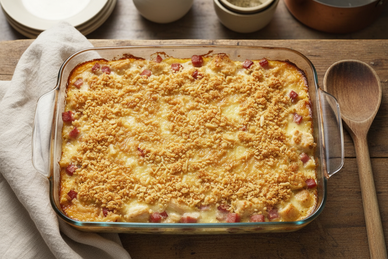 econstructed Chicken Cordon Bleu Bake with crispy panko topping and melted Swiss cheese sauce in a glass baking dish