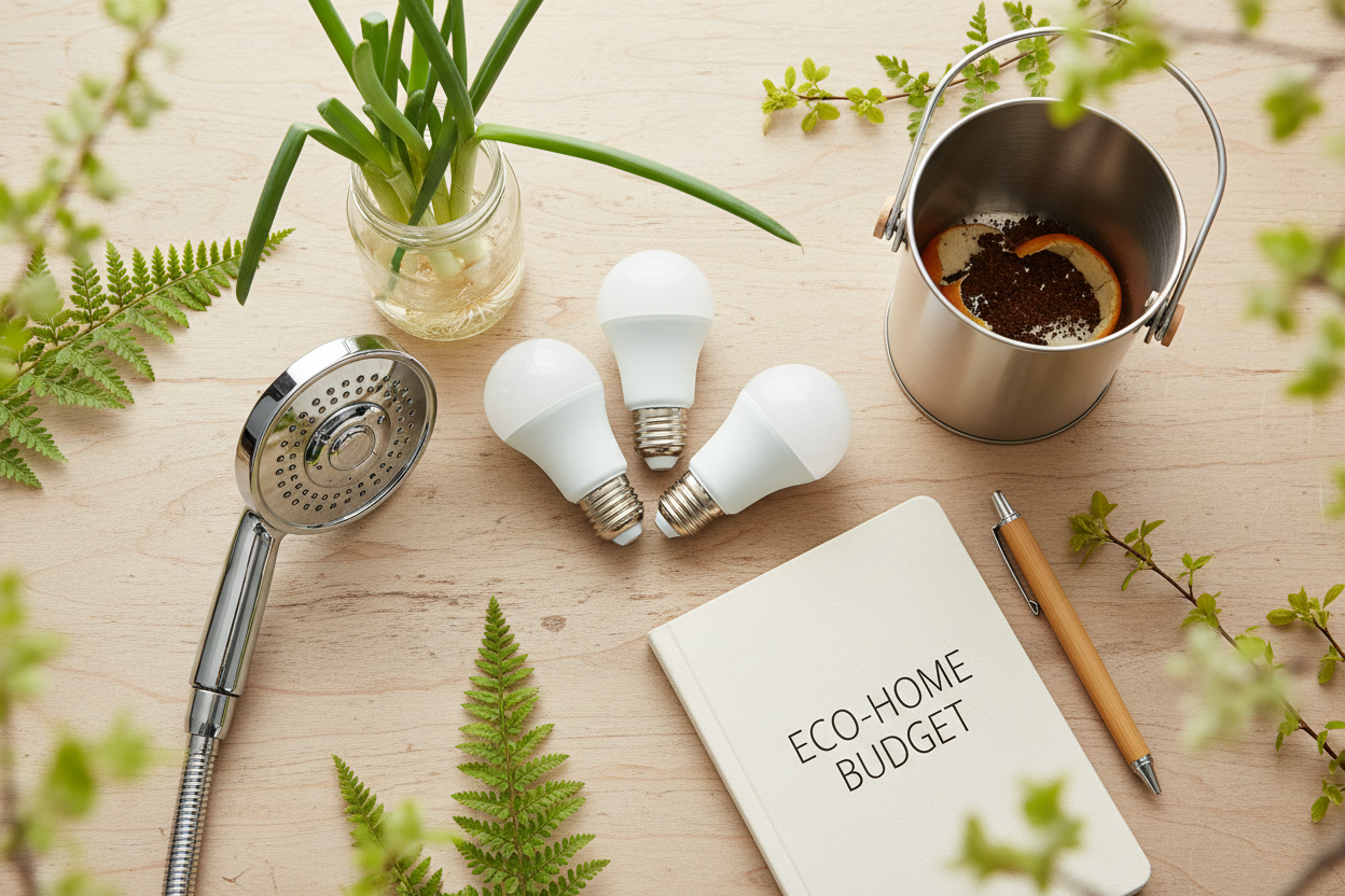 Eco-friendly home essentials including LED bulbs, a low-flow showerhead, regrowing green onions, and a budgeting notebook arranged on a wood surface — tips for sustainable, money-saving living.