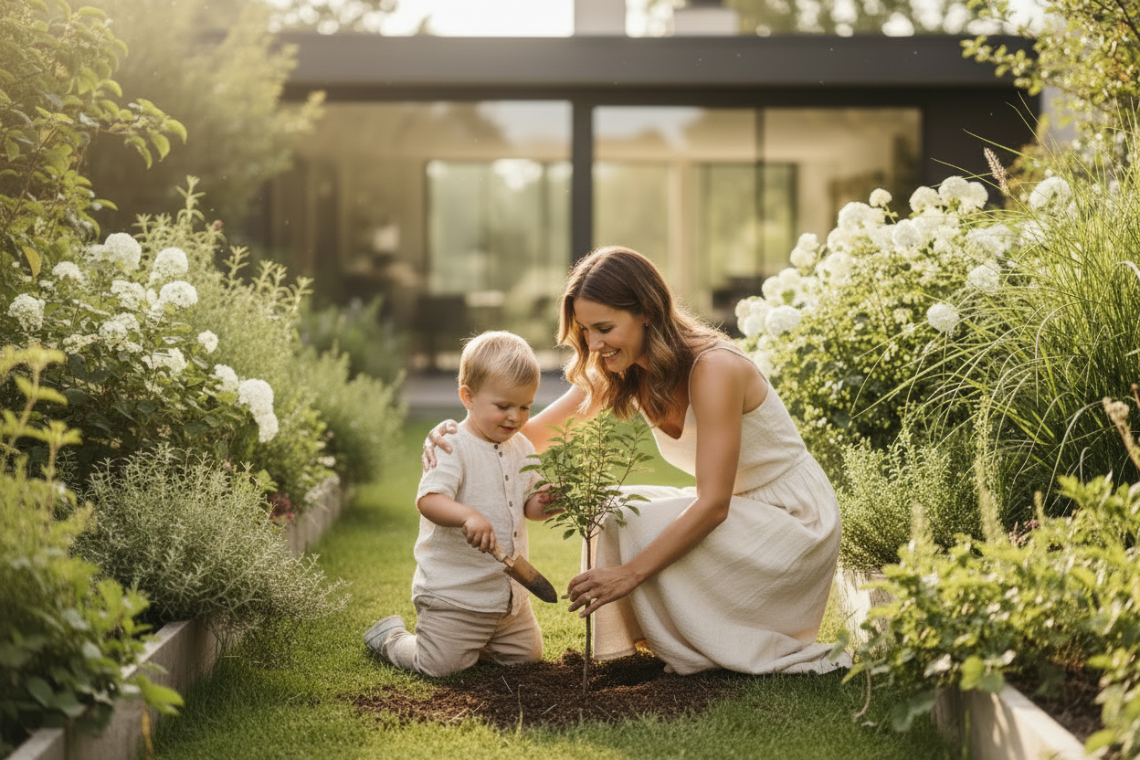 A parent and child planting a green sapling together in a sunny backyard garden, celebrating Earth Day with a simple, joyful act of sustainability.