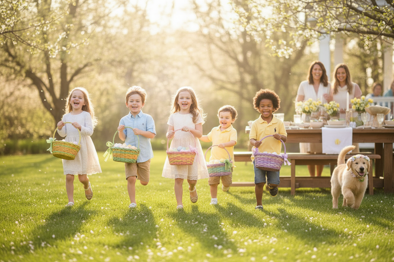 Children running through a sunny backyard on Easter morning, carrying colorful wicker baskets filled with pastel eggs, celebrating Easter Sunday on April 5th.