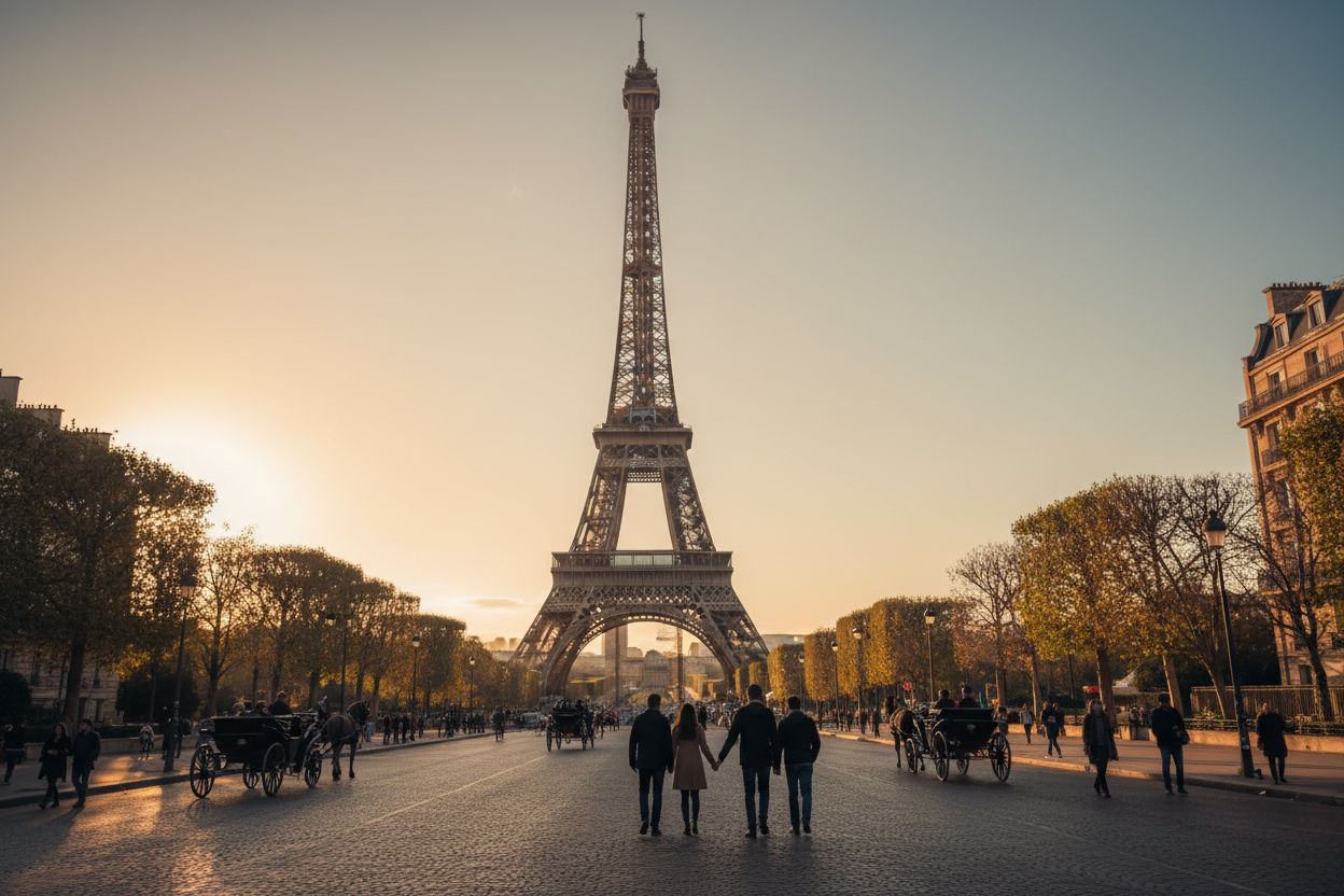 Beautiful view of the Eiffel Tower in Paris during golden hour sunset for Eiffel Tower Day celebration